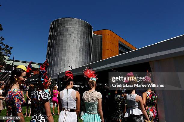 Fashions of the field contestants wait to grace the stage during Spring Champion Stakes Day at Royal Randwick on October 12, 2013 in Sydney,...