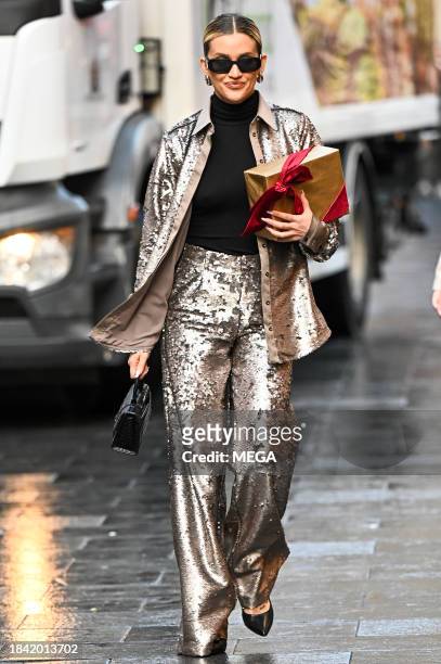 Ashley Roberts is seen leaving Global Studios on December 12, 2023 in London, United Kingdom.