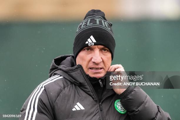 Celtic's Northern Ireland coach Brendan Rodgers reacts as he attends a training session at Lennoxtown training ground north of Glasgow, Scotland, on...