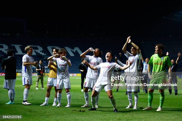 Ventforet Kofu players celebrate after the AFC Champions League Group H match between Buriram United and Ventforet Kofu at Buriram Stadium on...