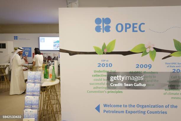 The exhibition booth of the Organization of the Petroleum Exporting Countries stands on day nine of the UNFCCC COP28 Climate Conference at Expo City...