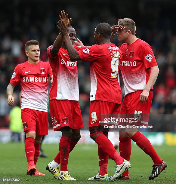 Moses Odubajo of Leyton Orient celebrates scoring the first goal of the game with second goal scorer and team mate Kevin Lisbie during the Sky Bet...