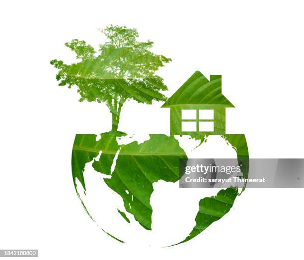 houses and trees on the green earth with leaf pattern. concept of environmental conservation. earth day. silhouette. - geology icon stock pictures, royalty-free photos & images