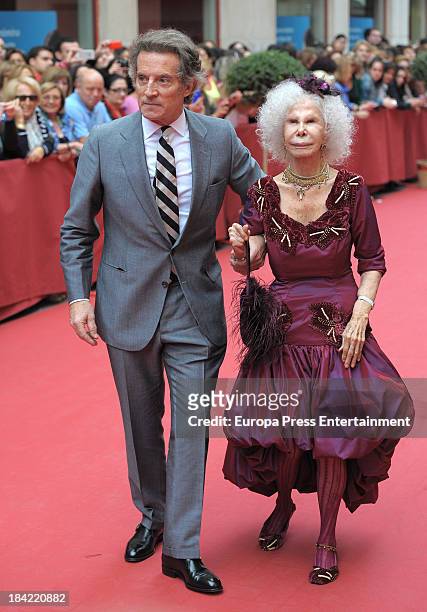 Duchess of Alba Cayetana Fitz-James Stuart and Duke of Alba Alfonso Diez attend the wedding of Maria Colonques and Andres Benet on October 11, 2013...