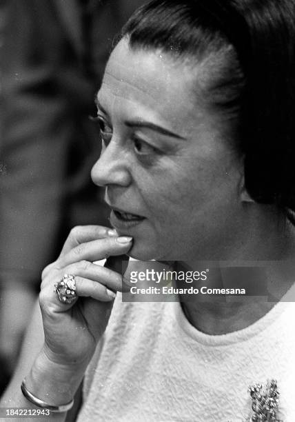 View of Italian actress Giulietta Masina during a press conference, Buenos Aires, Argentina, 1970s.