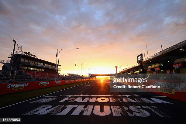 The sun rises over pit straight prior to the Bathurst 1000, which is round 11 of the V8 Supercars Championship Series at Mount Panorama on October...