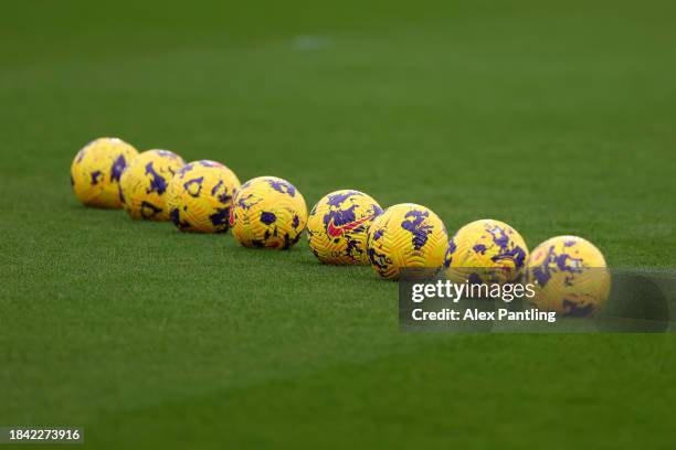 Detailed view of Nike Flight Aerowsculpt Hi-Vis Premier League match balls are seen prior to the Premier League match between Crystal Palace and...