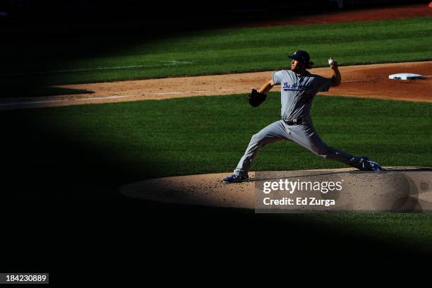 Clayton Kershaw of the Los Angeles Dodgers pitches against the St. Louis Cardinals during Game Two of the National League Championship Series at...