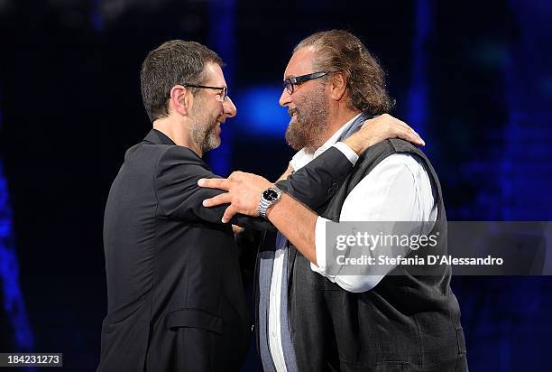 Fabio Fazio and Diego Abatantuono attend 'Che Tempo Che Fa' TV Show on October 12, 2013 in Milan, Italy.