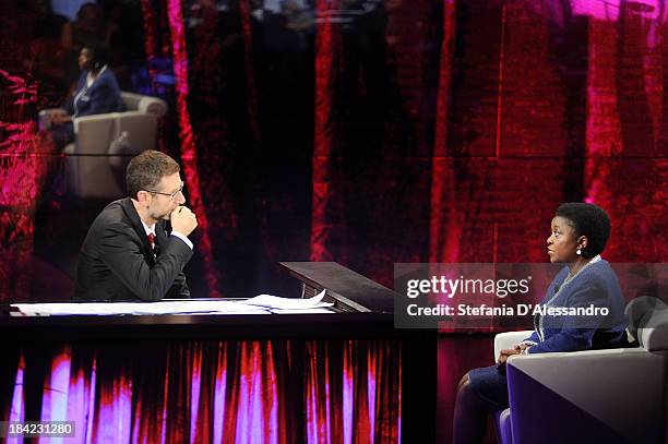 Fabio Fazio and Italy's Integration Minister Cecile Kyenge attend 'Che Tempo Che Fa' TV Show on October 12, 2013 in Milan, Italy.