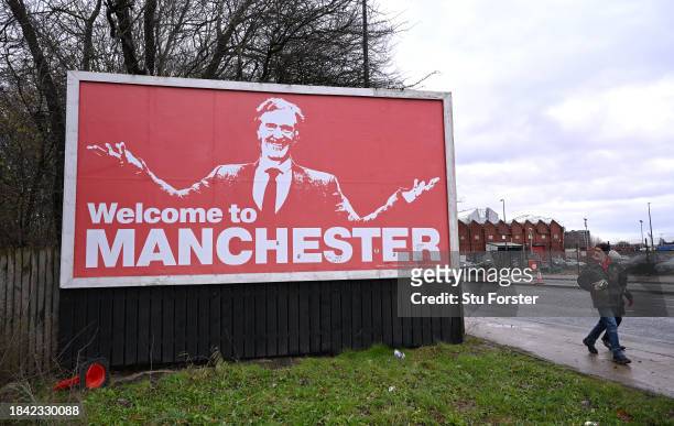 Billboard near Old Trafford shows a picture of Sir Jim Ratcliffe above the words 'Welcome To Manchester' prior to the Premier League match between...