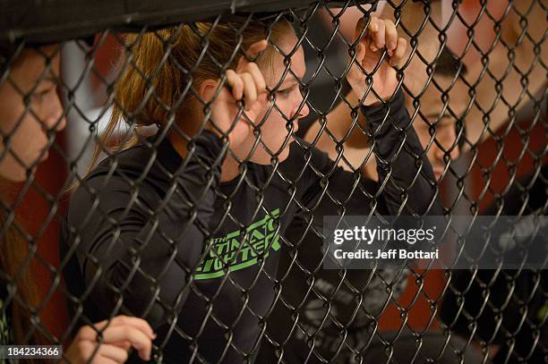 Coach Ronda Rousey watches Raquel Pennington fight Jessamyn Duke in their preliminary fight during filming of season eighteen of The Ultimate Fighter...