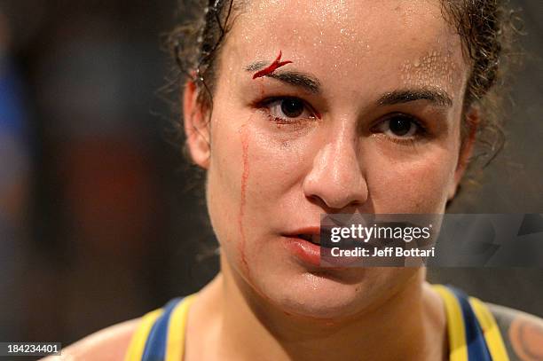 Raquel Pennington celebrates after defeating Jessamyn Duke after their preliminary fight during filming of season eighteen of The Ultimate Fighter on...