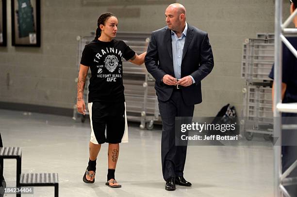 Raquel Pennington speaks with UFC President Dana White after defeating Jessamyn Duke after their preliminary fight during filming of season eighteen...