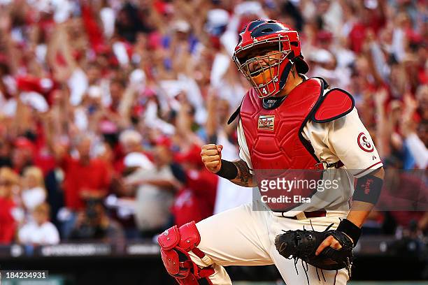 Yadier Molina of the St. Louis Cardinals celebrates after the final out against the Los Angeles Dodgers during Game Two of the National League...