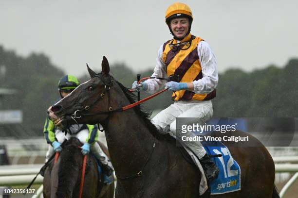 Harry Coffey riding Give Giggles after winning Race 3, the A Grade Sheds Bm70 Handicap, during Melbourne Racing at Ballarat Racecourse on December...