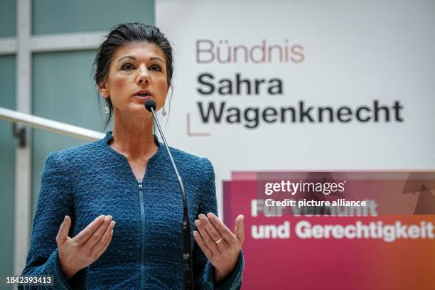 December 2023, Berlin: Sahra Wagenknecht, member of the Bundestag, speaks at a press conference on the occasion of the constitution of the group...