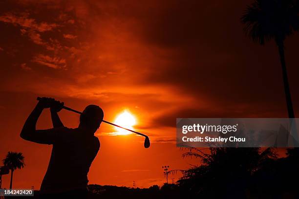 Irene Cho of USA practices during warm-ups during day four of the Sime Darby LPGA at Kuala Lumpur Golf & Country Club on October 13, 2013 in Kuala...