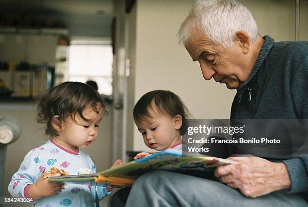 grandfather reading to twin granddaughters - reading pennsylvania fotografías e imágenes de stock