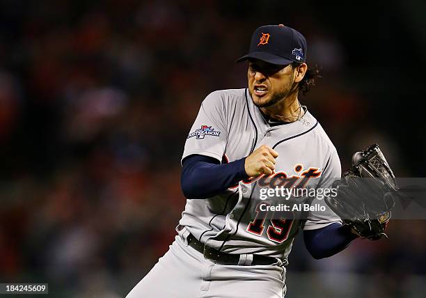 Anibal Sanchez of the Detroit Tigers reacts after a strikeout in the sixth inning against the Boston Red Sox during Game One of the American League...