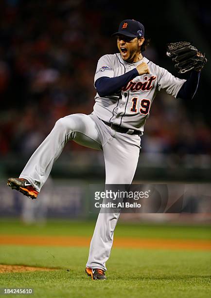 Anibal Sanchez of the Detroit Tigers reacts after a strikeout in the sixth inning against the Boston Red Sox during Game One of the American League...