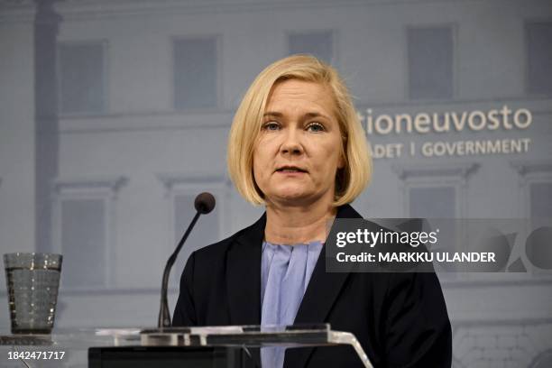 Finland's Interior Minister Mari Rantanen attends a press conference regarding the country's border restrictions, in Helsinki, Finland on December...