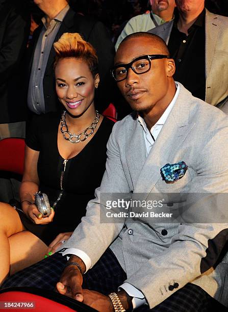 Player Brandon Marshall and his wife, Michi Marshall, attend the Bradley vs. Marquez fight co-sponsored by the Wynn Las Vegas at the Thomas & Mack...