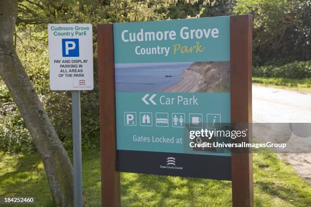 Sign for Cudmore Grove country park, East Mersea, Mersea Island, Essex, England.