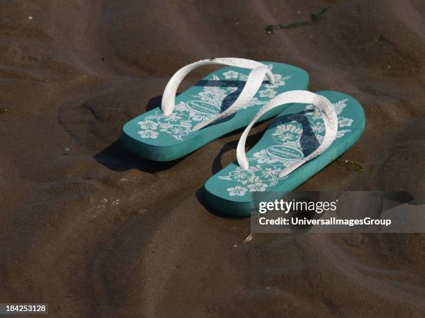 Flip flops on the wet sand, UK.