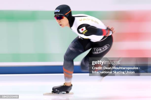 Miho Takagi of Japan competes in the 1500m Women race on Day 2 of the ISU World Cup Speed Skating at Arena Lodowa on December 09, 2023 in Tomaszow...