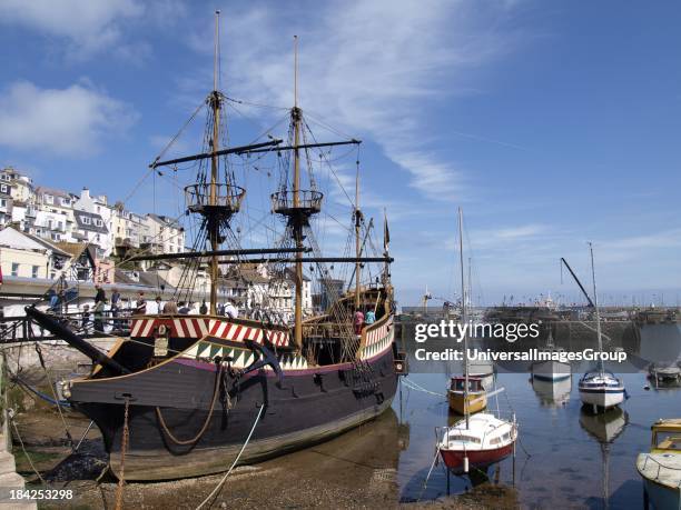 Brixham, Devon, UK Full-sized replica of the ship, the Golden Hind, in which Drake circumnavigated the globe; visitors can go on board..