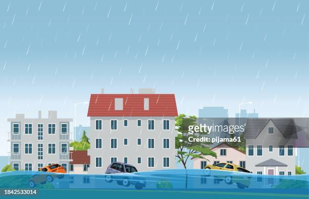 ilustraciones, imágenes clip art, dibujos animados e iconos de stock de inundaciones en la ciudad y coches flotando en el agua - floating on water