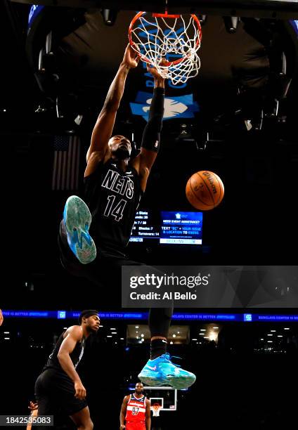 Brooklyn Nets forward Harry Giles III dunks against the Washington Wizards during their game at Barclays Center on December 08, 2023 in New York...