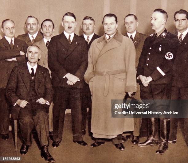 Nazi leaders photographed in 1933; Justice Minister Kerri, Josef Goebbels, Adolf Hitler, Ernst Roehm; Herman Goring, Minister Darre, Heinrich Himmler...