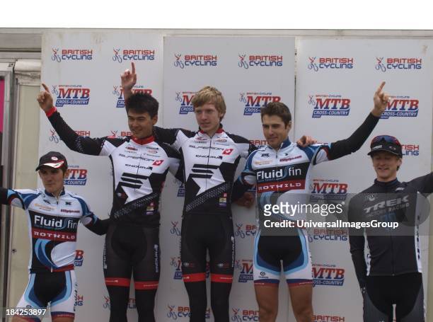 Result from the Elite Men at the British Cross Country Mountain Bike Series Round 2, Wheal Maid Valley, Cornwall, UK. 1st Grant Ferguson 2cd Kenta...
