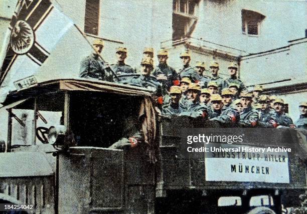 Members of the Stosstrupp-Hitler paramilitary bodyguard unit embark for a rally in Bayreuth, Germany, 30th September 1923.