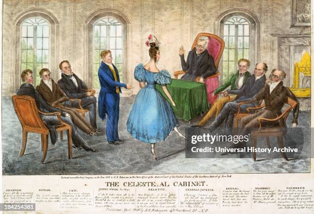 The celeste-al cabinet. A mildly satirical image on Former US President Jackson and his Cabinet: With French dancer Madame Celeste being presented to...