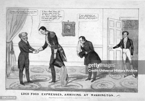 Political cartoon "Loco Foco expresses, arriving at Washington". Circa 1838. Lithograph with watercolor on wove paper. This image satirises the...