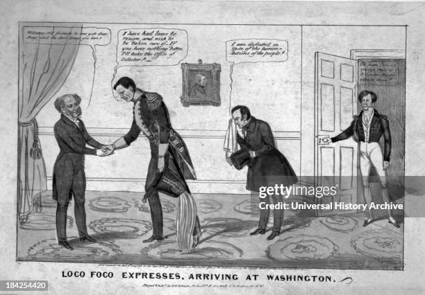 Political cartoon "Loco Foco expresses, arriving at Washington". Circa 1838. Lithograph with watercolor on wove paper. This image satirises the...