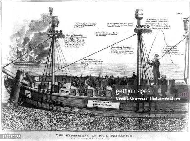 The experiment in full operation. Political cartoon satirizing President Jackson's federal treasury policy and Vice-President Van Buren's influence...