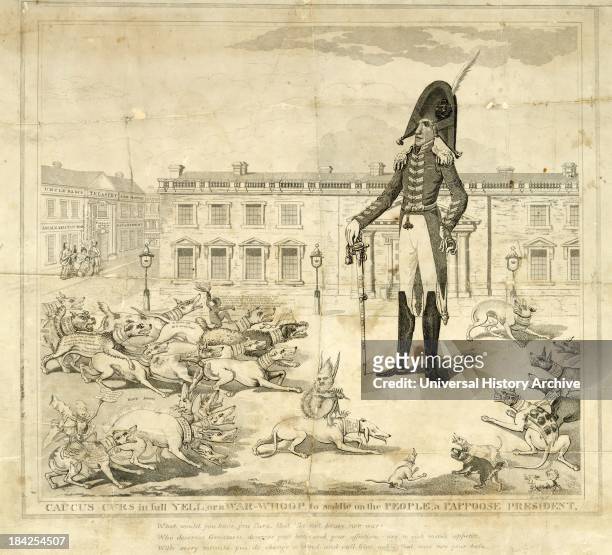 Caucus curs in full yell, or a war whoop, to saddle on the people, a pappoose president by James Akin, circa 1824. Etching/Engraving/Aquatint print...