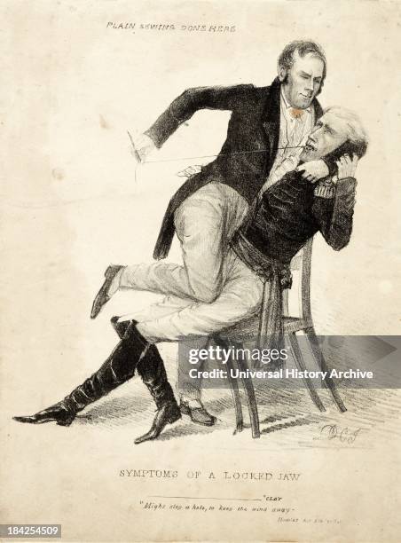 Symptoms of a locked jaw. Plain sewing done here. By David Claypoole Johnston. Circa 1834. Lithograph print on wove paper. Political cartoon...