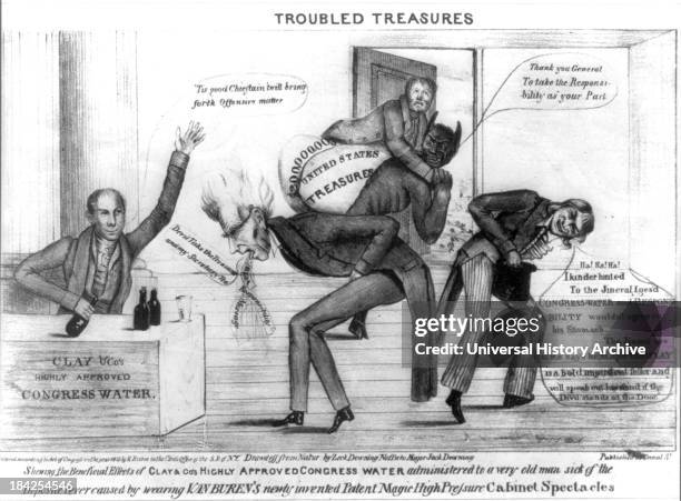 Troubled treasures by R. Bisbee, circa 1833. Political cartoon expressing anti-Jackson views and supporting Henry Clay's part in Congressional...