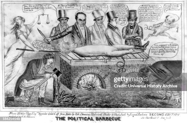 The political barbecue by Henry Robinson, circa 1834. Lithograph print on wove paper. Political cartoon criticizing President Andrew Jackson. The...