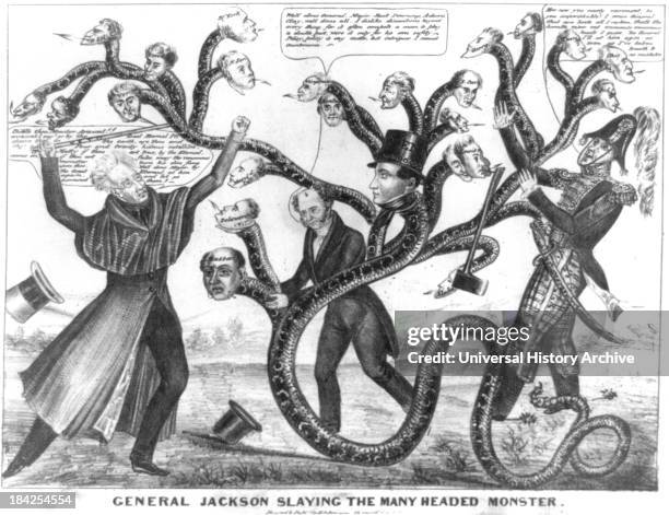 General Jackson slaying the many headed monster a political cartoon by Henry R. Robinson circa 1836. Lithograph print on wove paper. Satirizing...