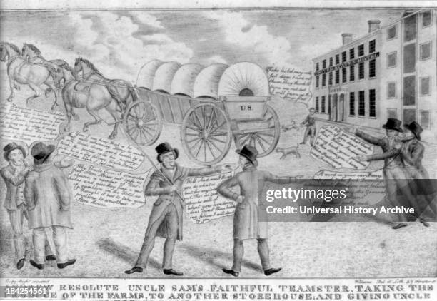 Political cartoon called "Andrew resolute Uncle Sam's faithful teamster, taking the produce of the farms, to another storehouse; and giving Uncle Sam...