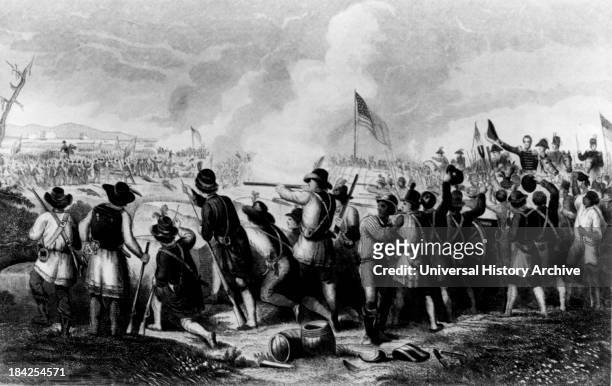 The Battle of New Orleans January 8th 1815 by Oliver Pelton & Hammatt Billings. Circa late 19th century. Print showing General Andrew Jackson and US...