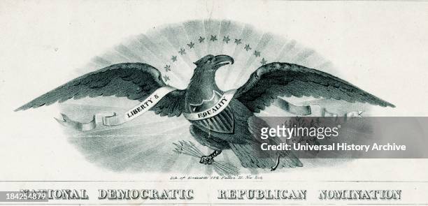 Illustration of an Eagle from a political Poster from 1840 for the National Democrat Republican Convention. The Eagle clutches arrows in one claw and...