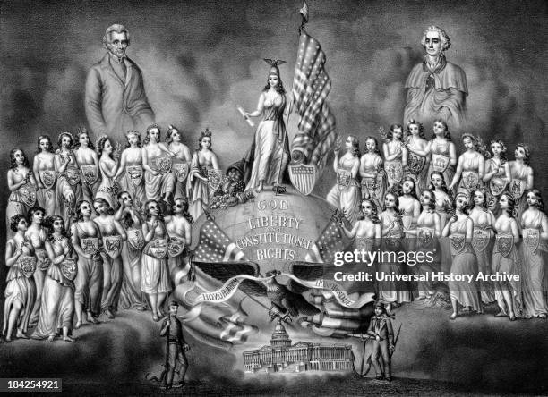 The Reunion of the Home of the Brave and the Free an illustration showing portraits of President George Washington and President Andrew Jackson...