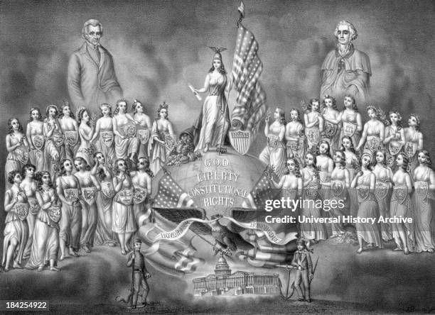 The Reunion of the Home of the Brave and the Free an illustration showing portraits of President George Washington and President Andrew Jackson...